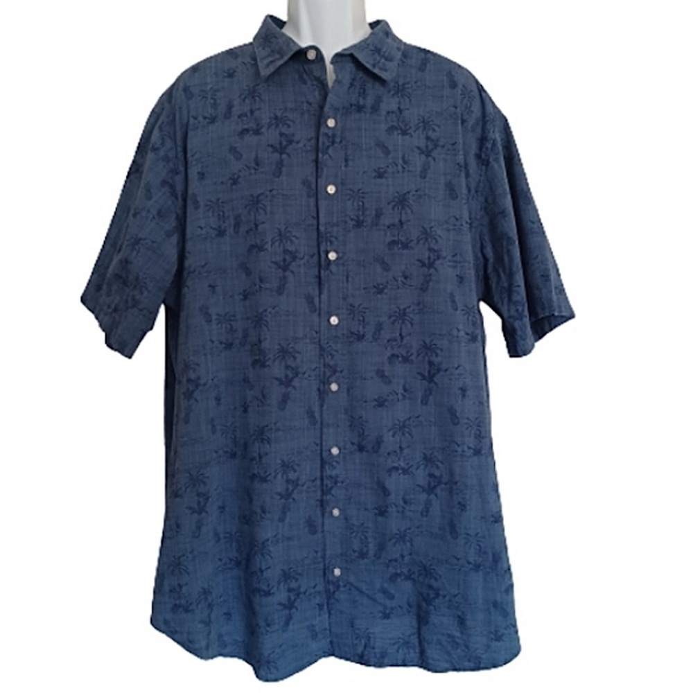 TRUE NATION Blue Hawaiian Island Tropical Palm Print Short Sleeved Shirt Top